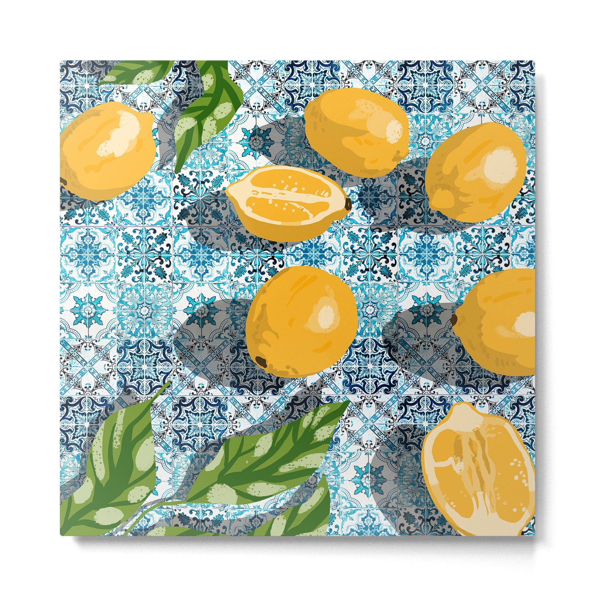 Juicy Lemons on Blue Moroccan Tiles Metal Print