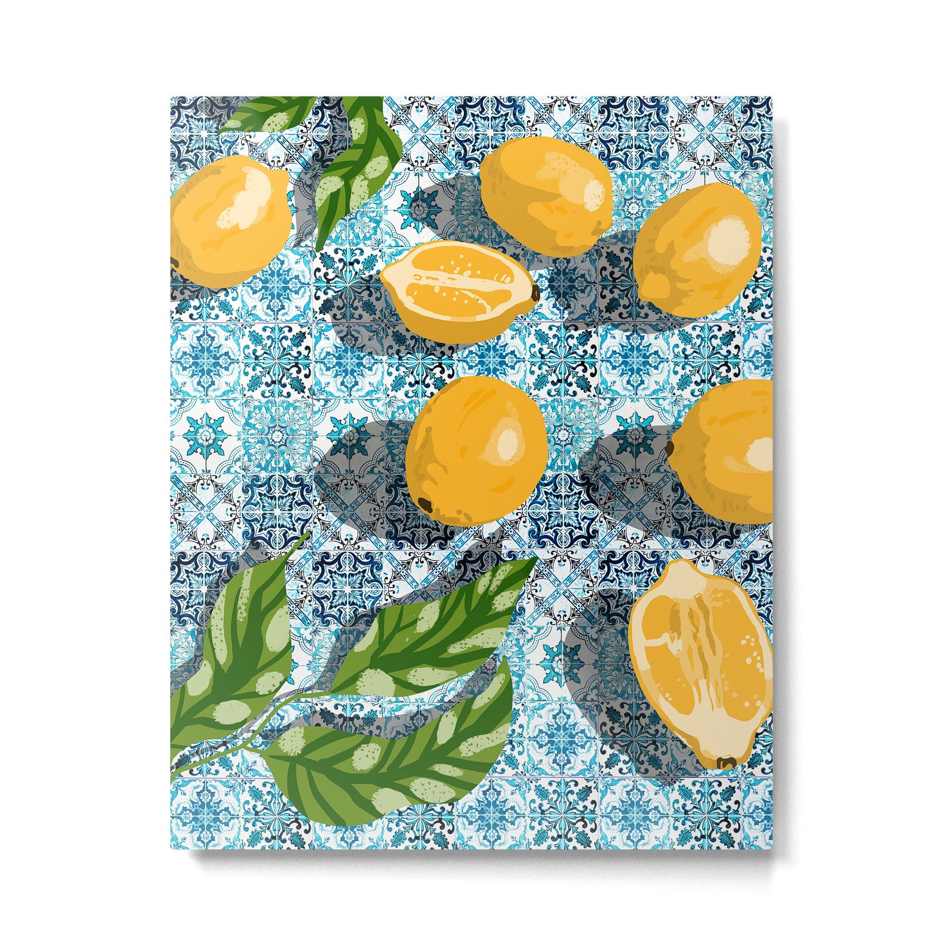 Juicy Lemons on Blue Moroccan Tiles Metal Print