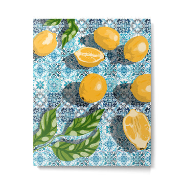 Juicy Lemons on Blue Moroccan Tiles Metal Print