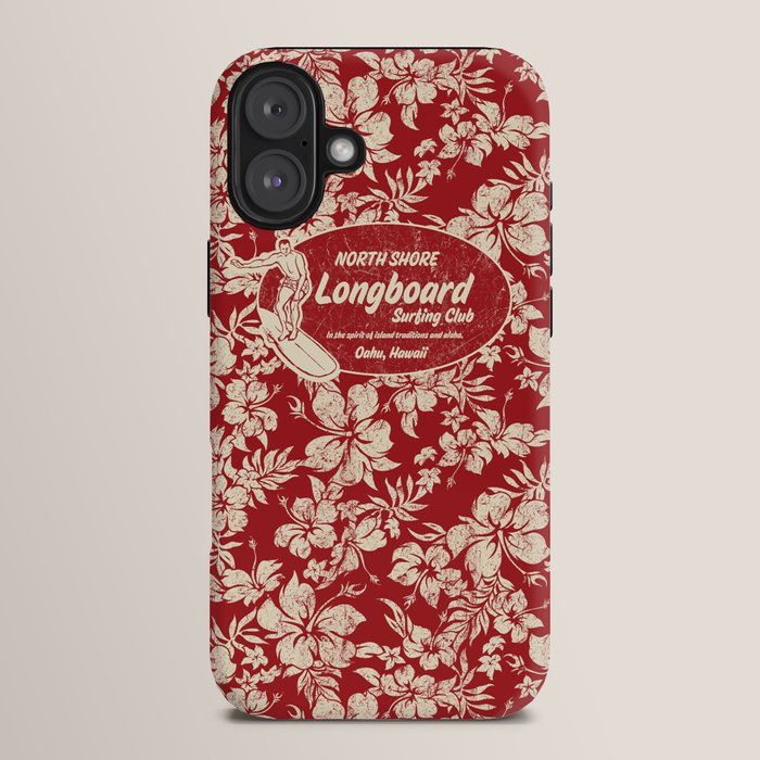 Club Surfing Longboard Surf Logo and Hibiscus Hawaiian Print      iPhone Case