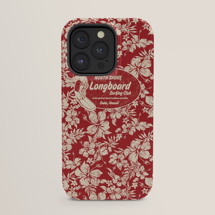 Club Surfing Longboard Surf Logo and Hibiscus Hawaiian Print      iPhone Case