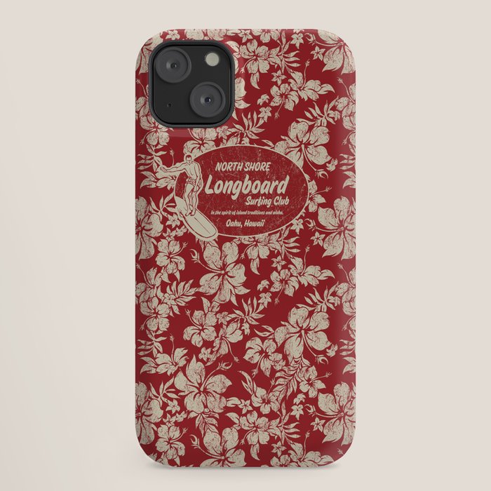 Club Surfing Longboard Surf Logo and Hibiscus Hawaiian Print      iPhone Case
