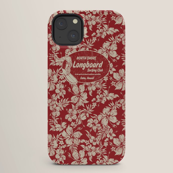Club Surfing Longboard Surf Logo and Hibiscus Hawaiian Print      iPhone Case