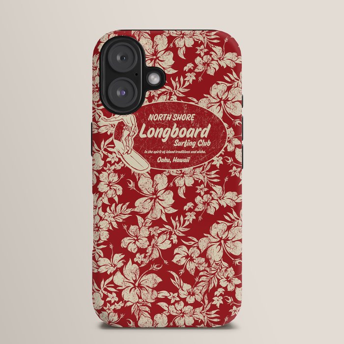 Club Surfing Longboard Surf Logo and Hibiscus Hawaiian Print      iPhone Case