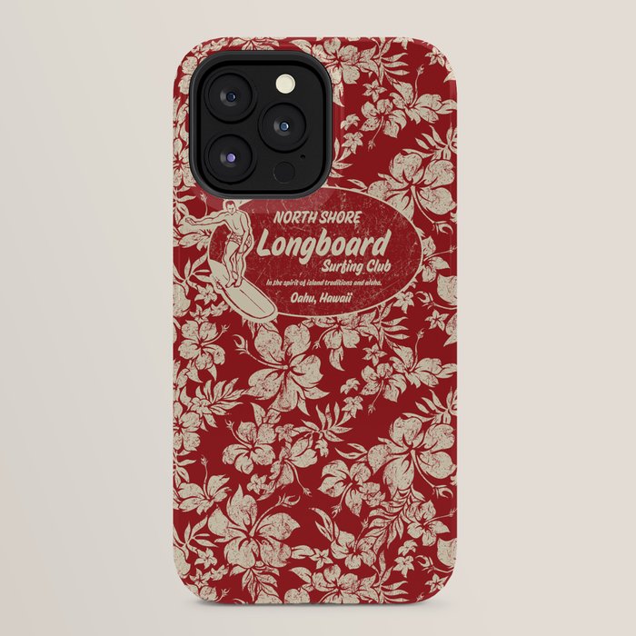 Club Surfing Longboard Surf Logo and Hibiscus Hawaiian Print      iPhone Case