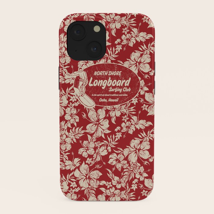 Club Surfing Longboard Surf Logo and Hibiscus Hawaiian Print      iPhone Case