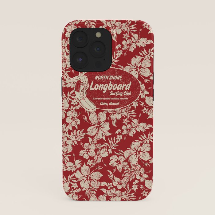 Club Surfing Longboard Surf Logo and Hibiscus Hawaiian Print      iPhone Case