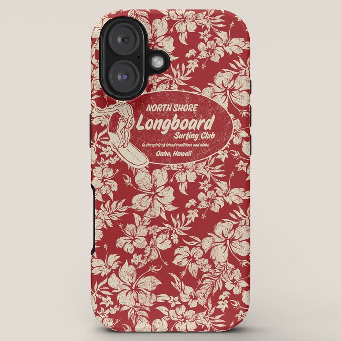 Club Surfing Longboard Surf Logo and Hibiscus Hawaiian Print      iPhone Case