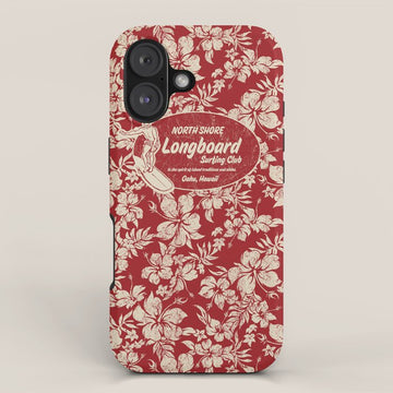 Club Surfing Longboard Surf Logo and Hibiscus Hawaiian Print      iPhone Case