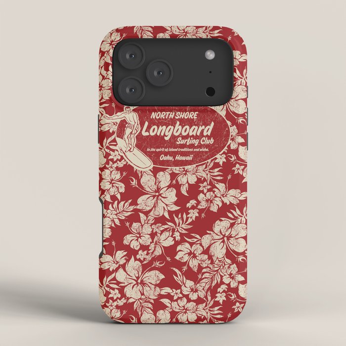 Club Surfing Longboard Surf Logo and Hibiscus Hawaiian Print      iPhone Case
