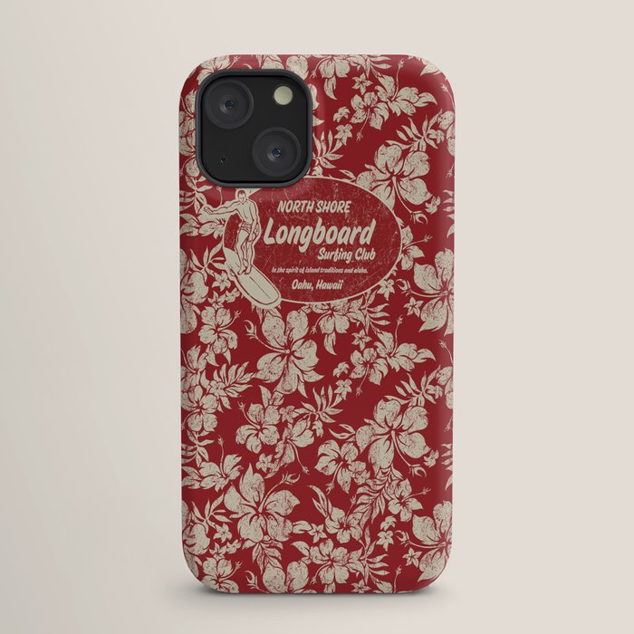 Club Surfing Longboard Surf Logo and Hibiscus Hawaiian Print      iPhone Case