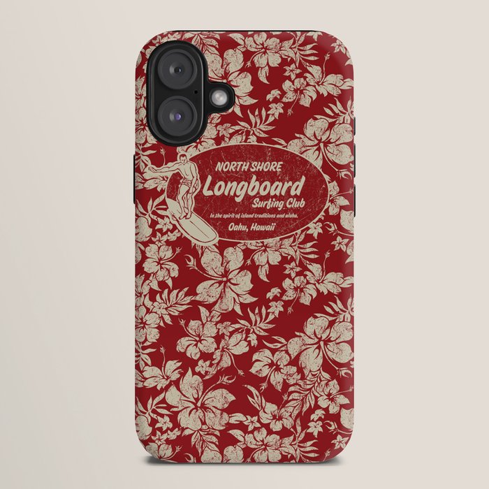 Club Surfing Longboard Surf Logo and Hibiscus Hawaiian Print      iPhone Case