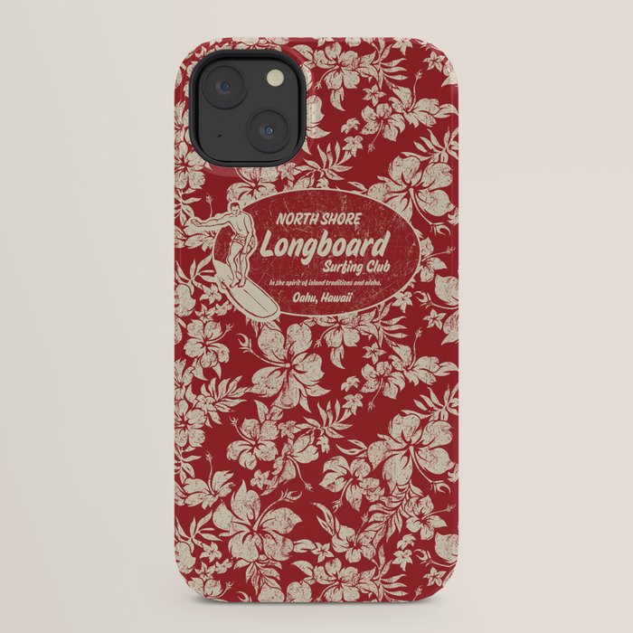 Club Surfing Longboard Surf Logo and Hibiscus Hawaiian Print      iPhone Case