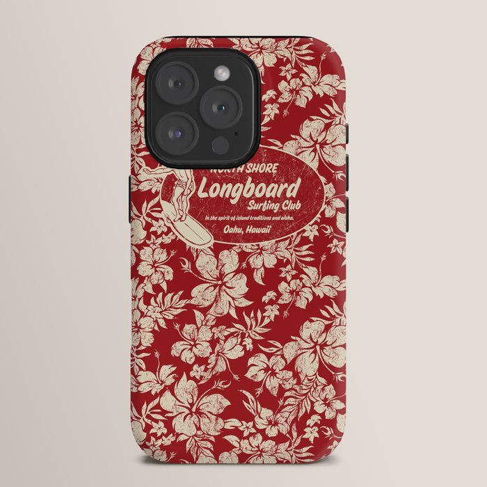 Club Surfing Longboard Surf Logo and Hibiscus Hawaiian Print      iPhone Case