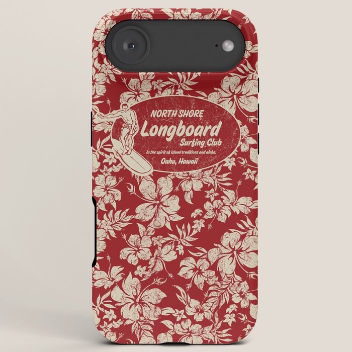 Club Surfing Longboard Surf Logo and Hibiscus Hawaiian Print      iPhone Case