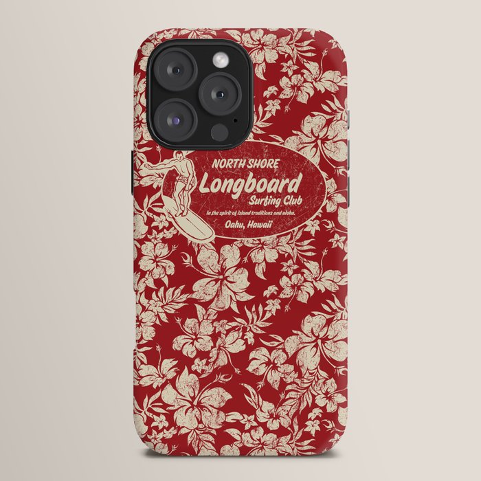 Club Surfing Longboard Surf Logo and Hibiscus Hawaiian Print      iPhone Case