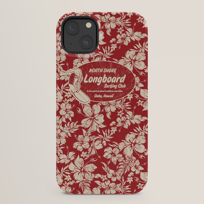Club Surfing Longboard Surf Logo and Hibiscus Hawaiian Print      iPhone Case