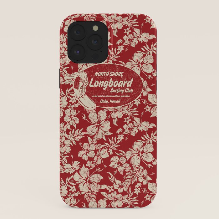 Club Surfing Longboard Surf Logo and Hibiscus Hawaiian Print      iPhone Case