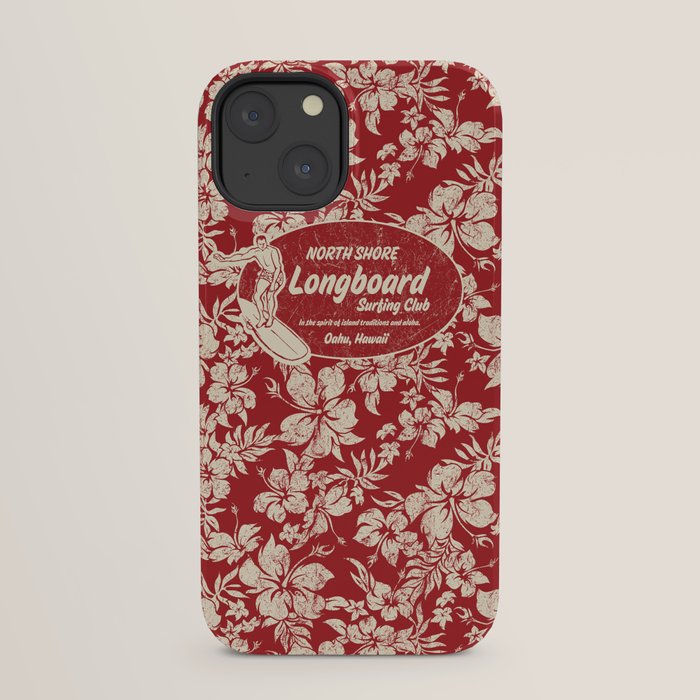 Club Surfing Longboard Surf Logo and Hibiscus Hawaiian Print      iPhone Case