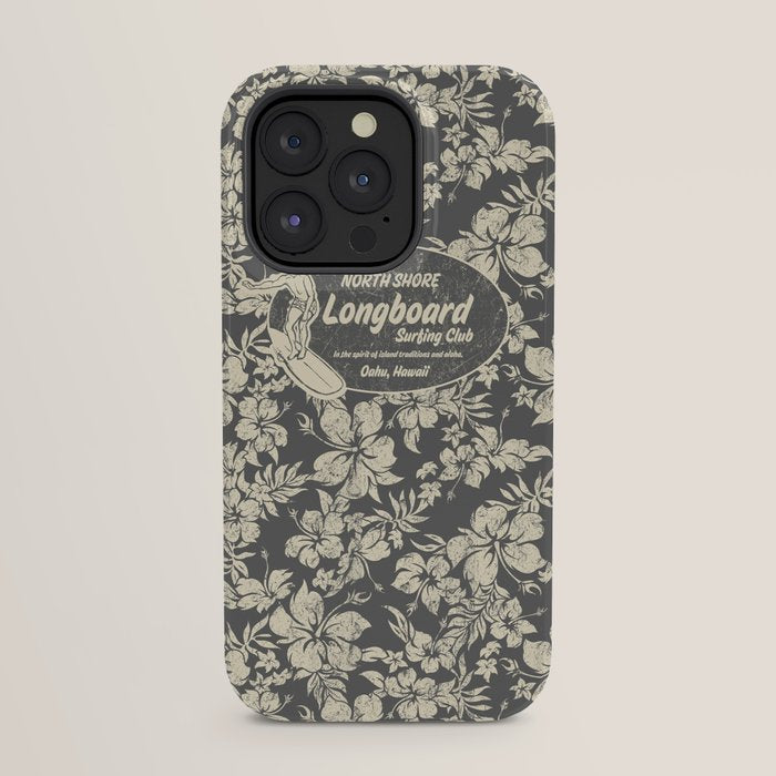 Club Surfing Longboard Logo and Hibiscus Hawaiian Print  iPhone Case