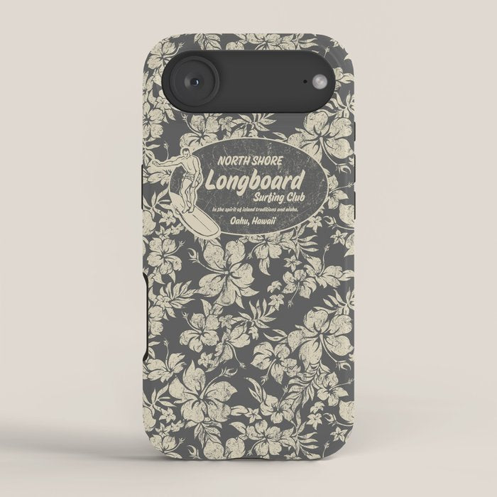 Club Surfing Longboard Logo and Hibiscus Hawaiian Print  iPhone Case