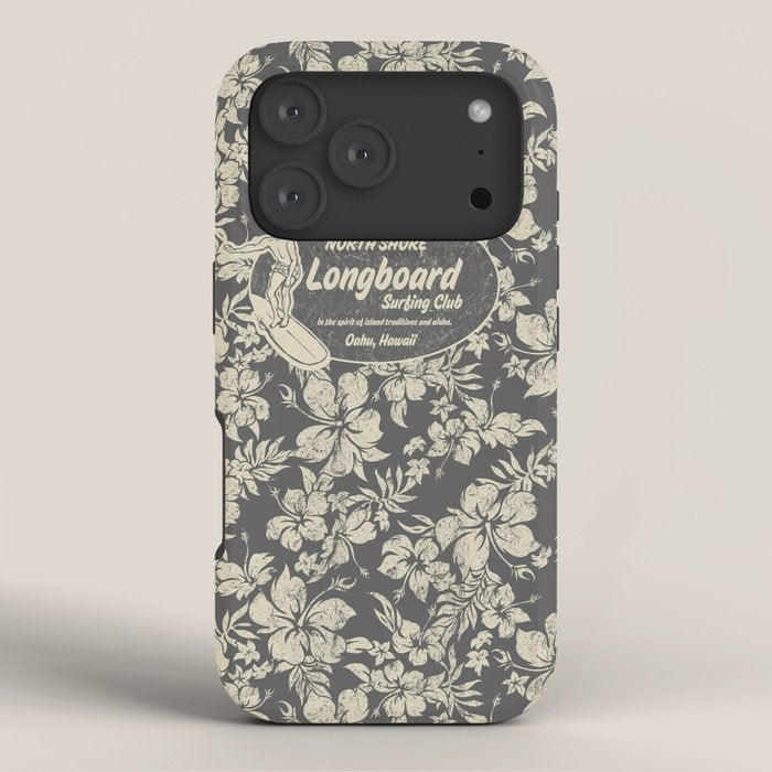 Club Surfing Longboard Logo and Hibiscus Hawaiian Print  iPhone Case