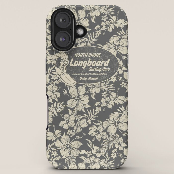 Club Surfing Longboard Logo and Hibiscus Hawaiian Print  iPhone Case