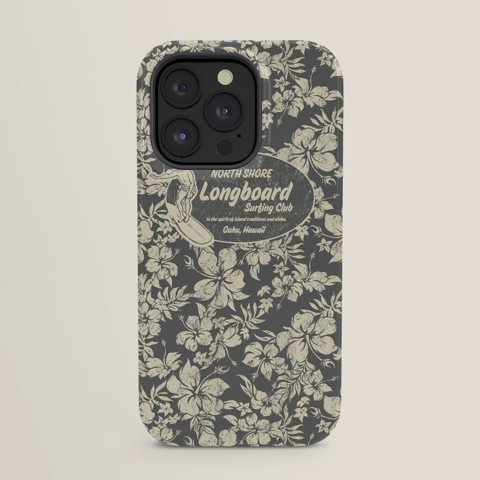 Club Surfing Longboard Logo and Hibiscus Hawaiian Print  iPhone Case