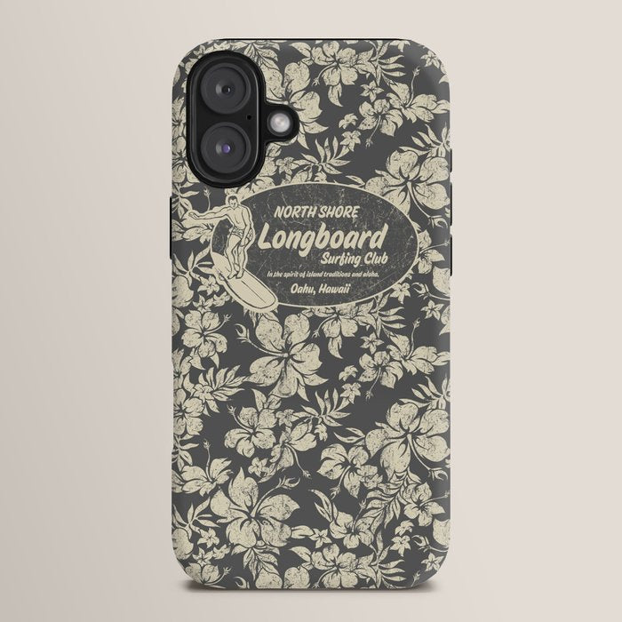 Club Surfing Longboard Logo and Hibiscus Hawaiian Print  iPhone Case
