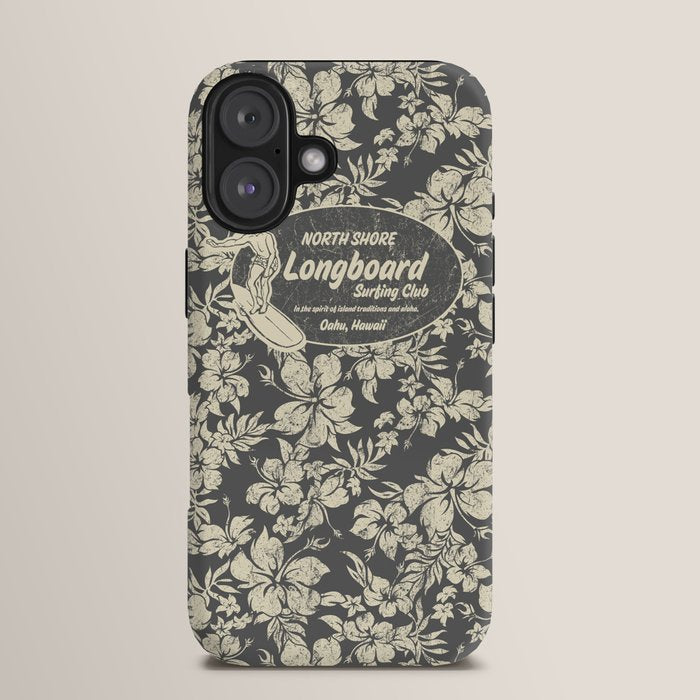 Club Surfing Longboard Logo and Hibiscus Hawaiian Print  iPhone Case