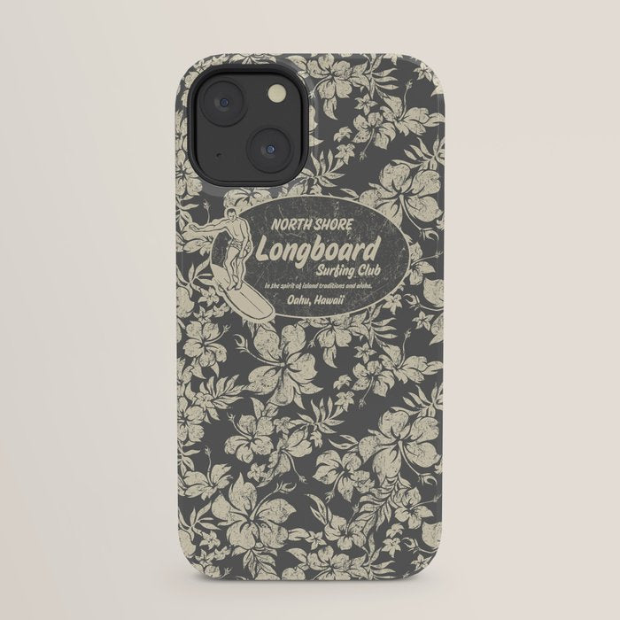 Club Surfing Longboard Logo and Hibiscus Hawaiian Print  iPhone Case