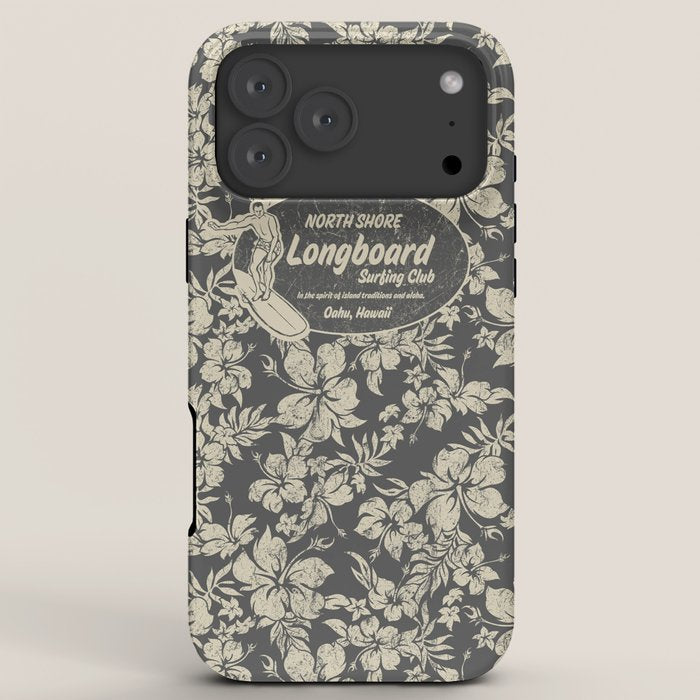 Club Surfing Longboard Logo and Hibiscus Hawaiian Print  iPhone Case