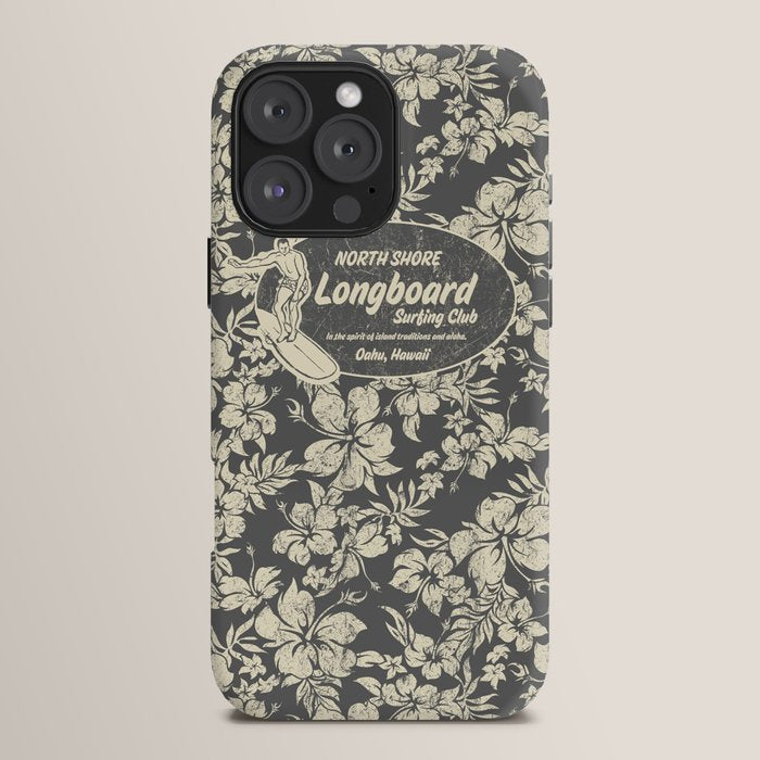 Club Surfing Longboard Logo and Hibiscus Hawaiian Print  iPhone Case