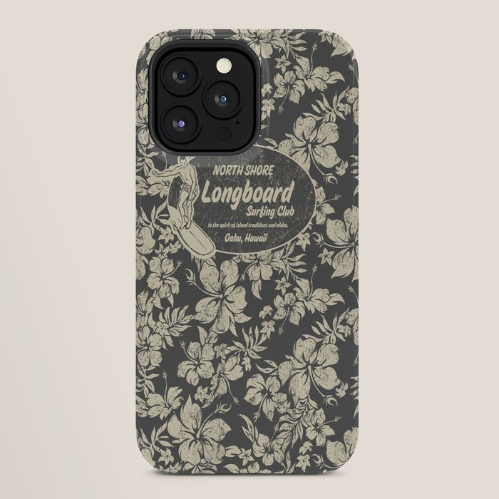 Club Surfing Longboard Logo and Hibiscus Hawaiian Print  iPhone Case