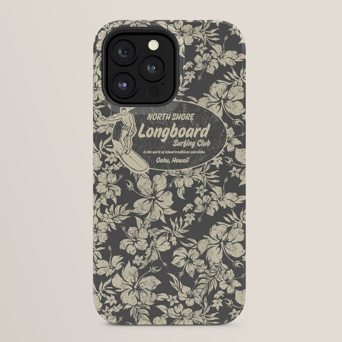 Club Surfing Longboard Logo and Hibiscus Hawaiian Print  iPhone Case