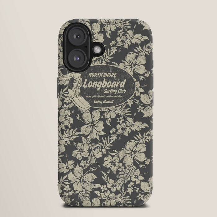Club Surfing Longboard Logo and Hibiscus Hawaiian Print  iPhone Case