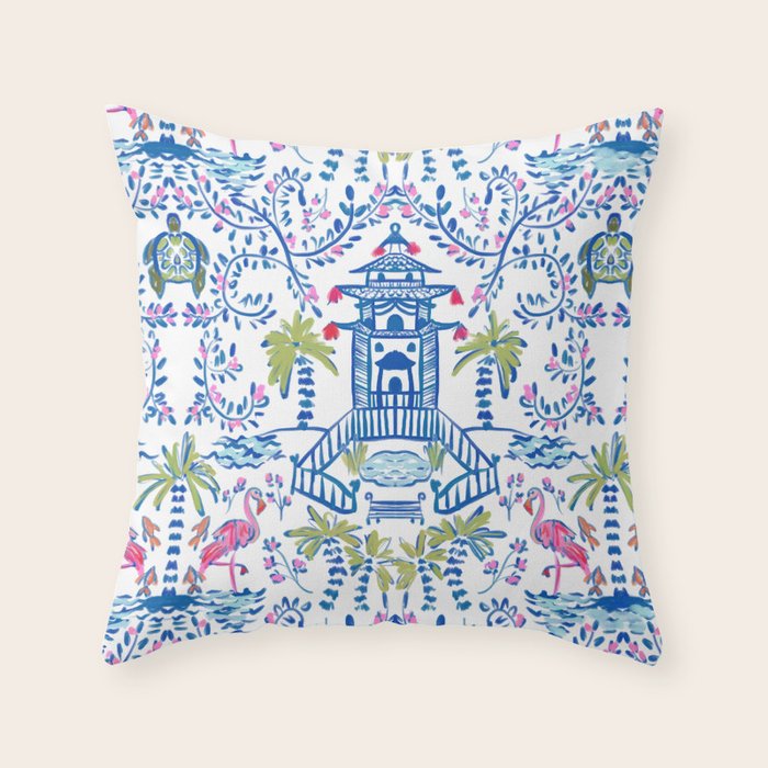 Colorful Coastal Chinoiserie  Throw Pillow
