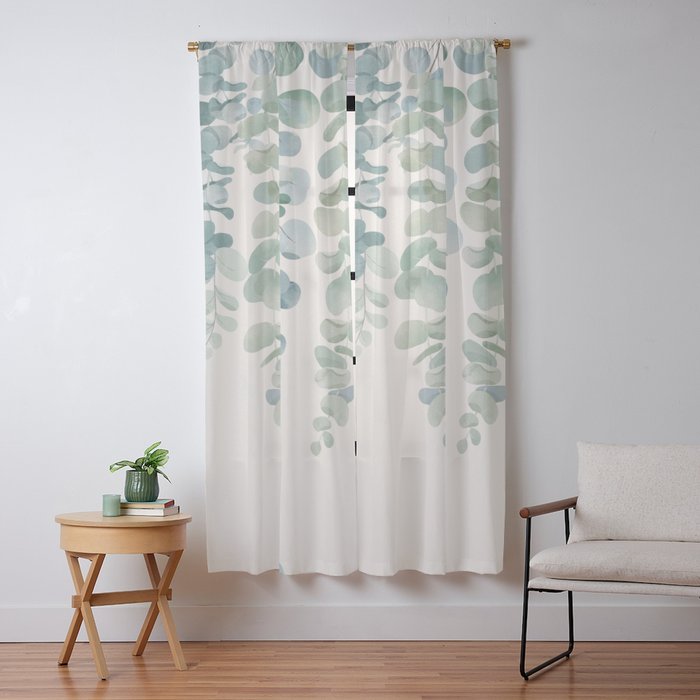 Watercolor Eucalyptus Leaves Window Curtain