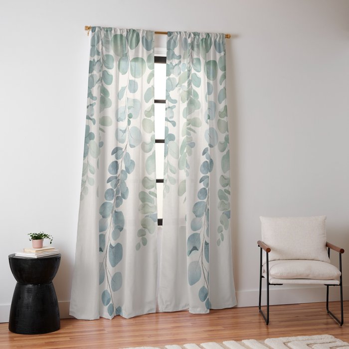 Watercolor Eucalyptus Leaves Window Curtain