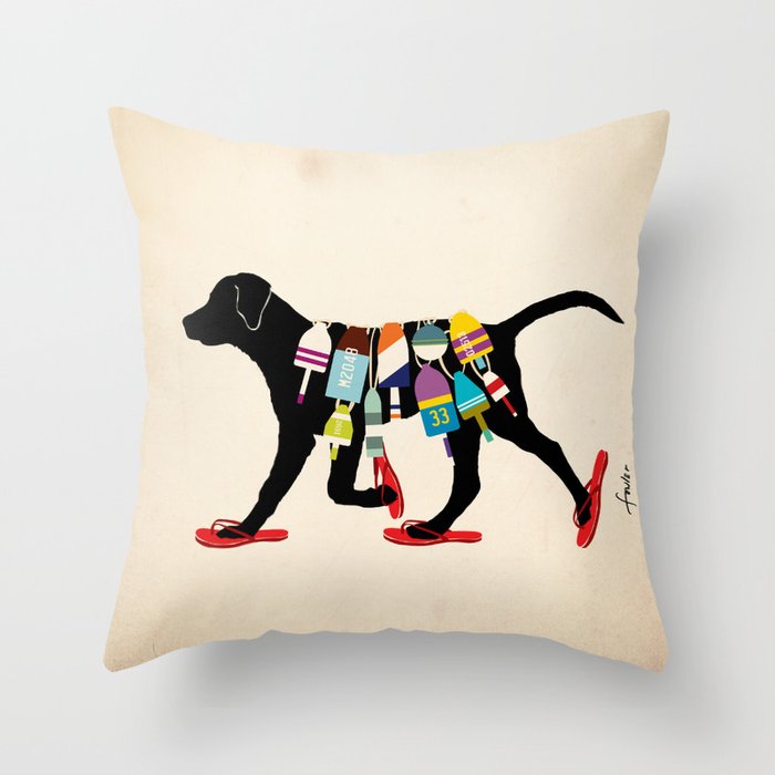Black dog lab labrador buoy nautical beach ocean sandals flip flop art Throw Pillow