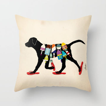 Black dog lab labrador buoy nautical beach ocean sandals flip flop art Throw Pillow