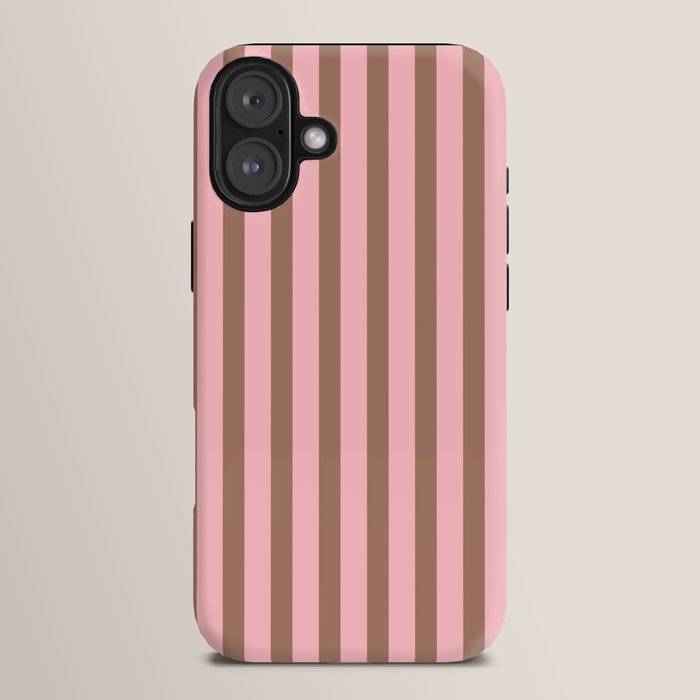 Mocha Brown and Pink Stripes Narrow Vertical Stripe Pattern iPhone Case