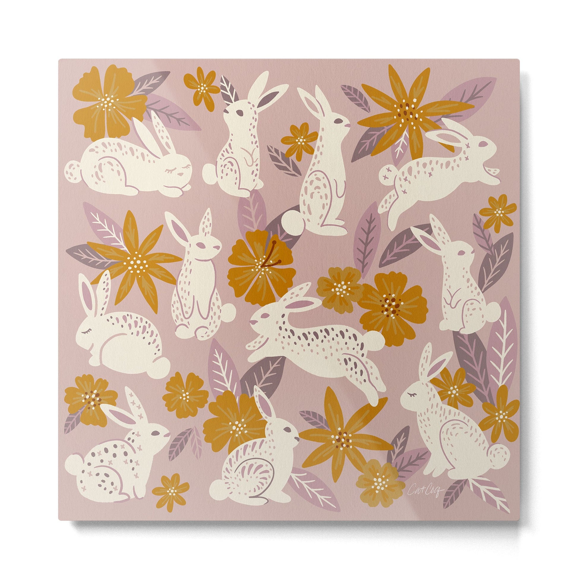 Bunnies & Blooms - Mauve & Ochre Palette Metal Print