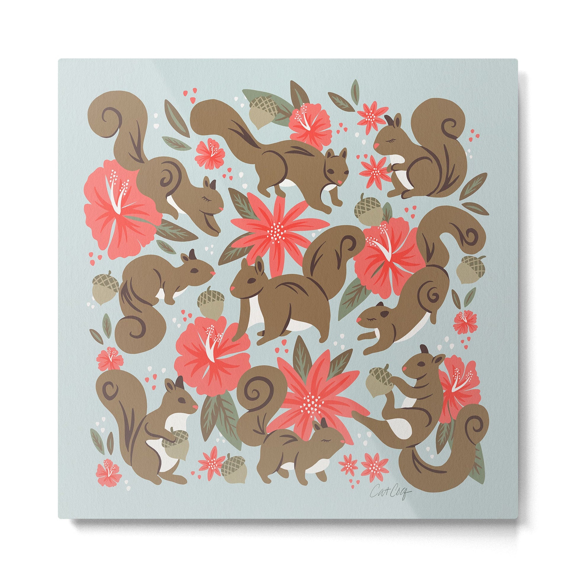 Squirrels & Blooms - Russet & Coral Metal Print
