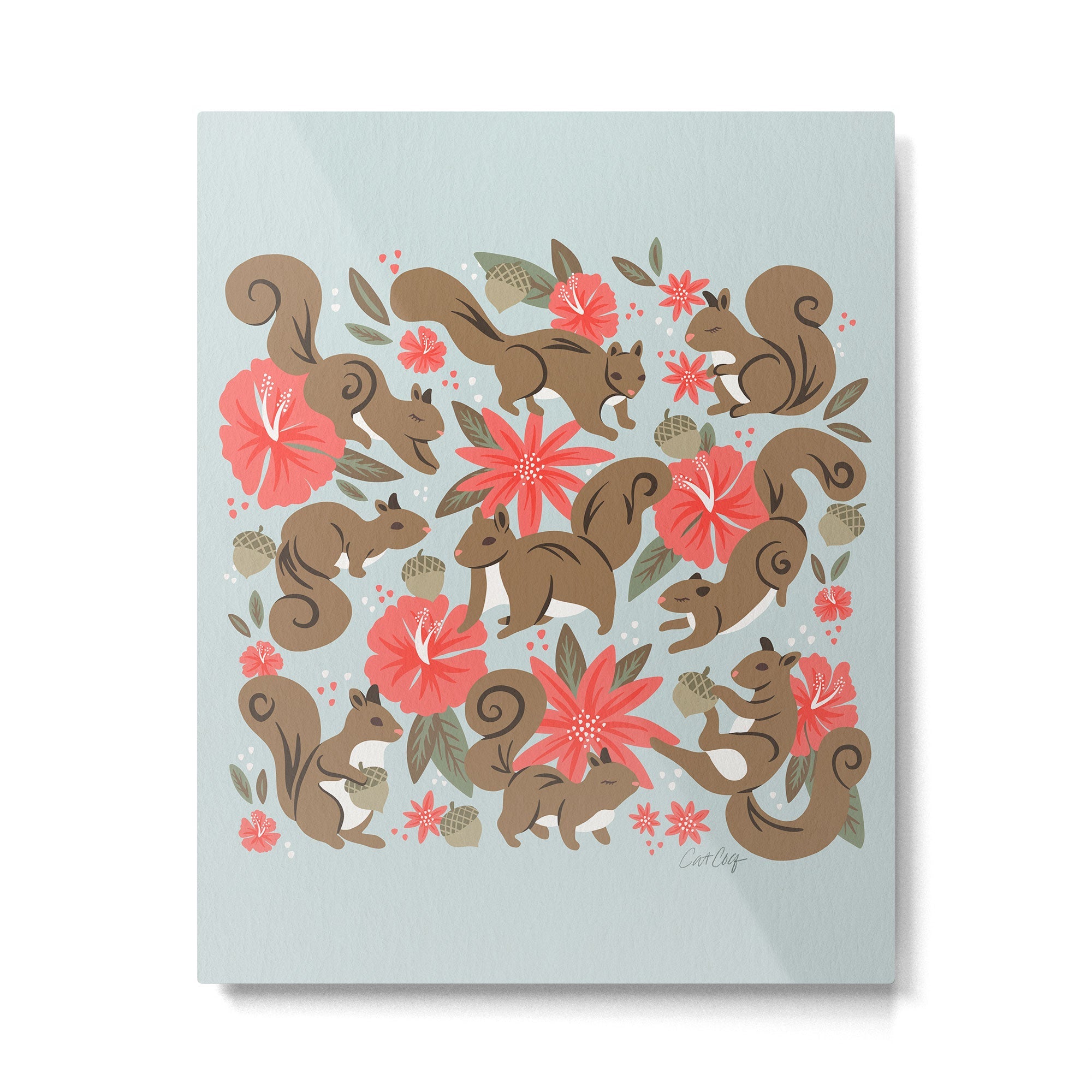 Squirrels & Blooms - Russet & Coral Metal Print