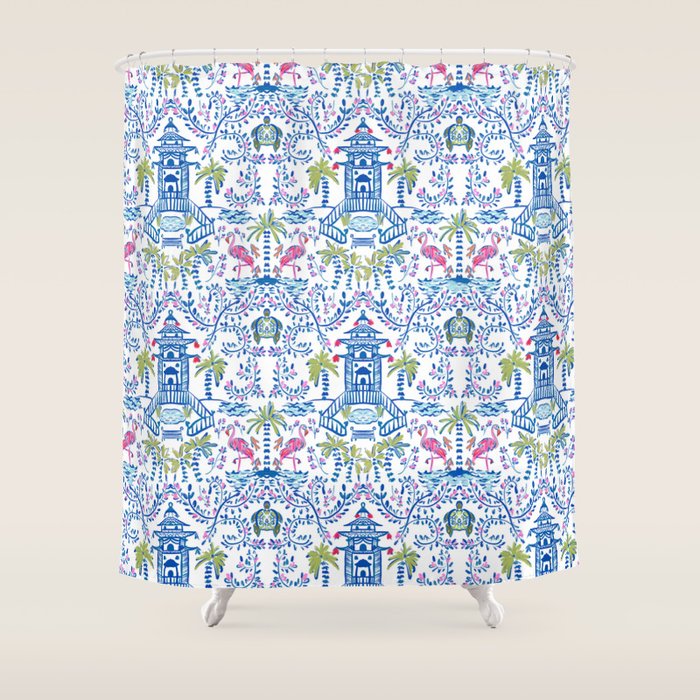 Colorful Coastal Chinoiserie Shower Curtain
