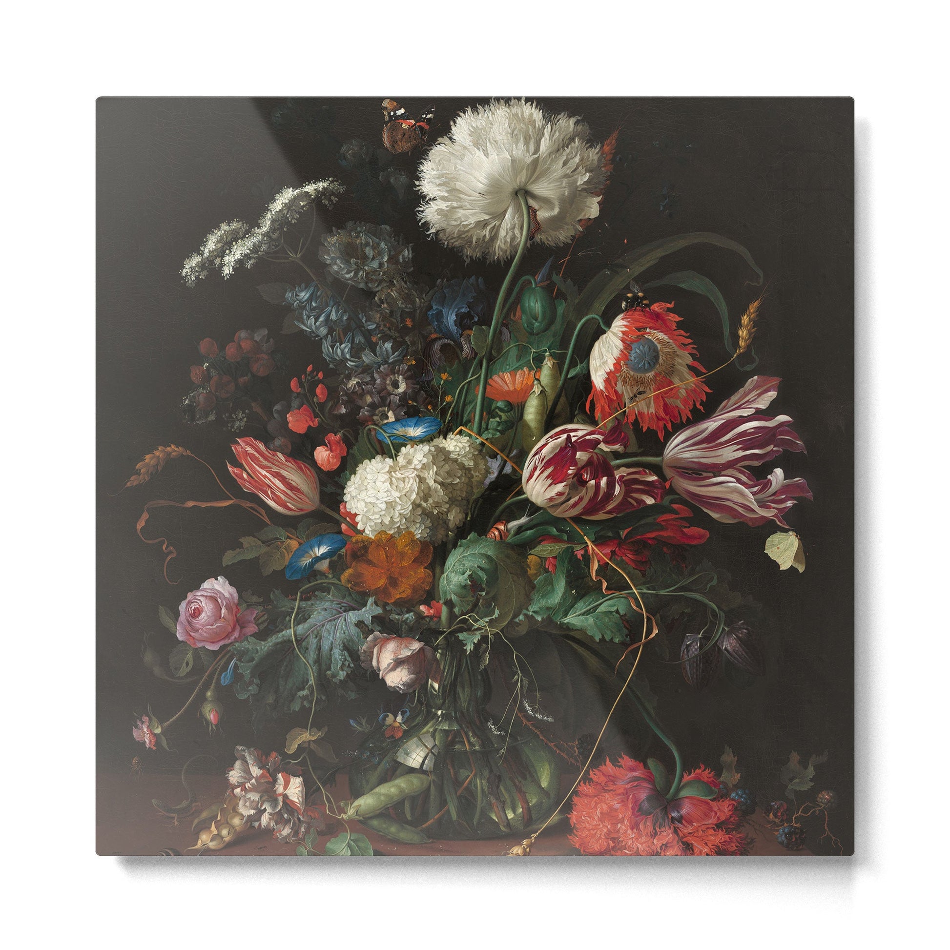 Still Life Parrot Tulips, Peonies, Hibiscus, Hydranga, Periwinkle Flowers in Vase by Jan de Heem Metal Print