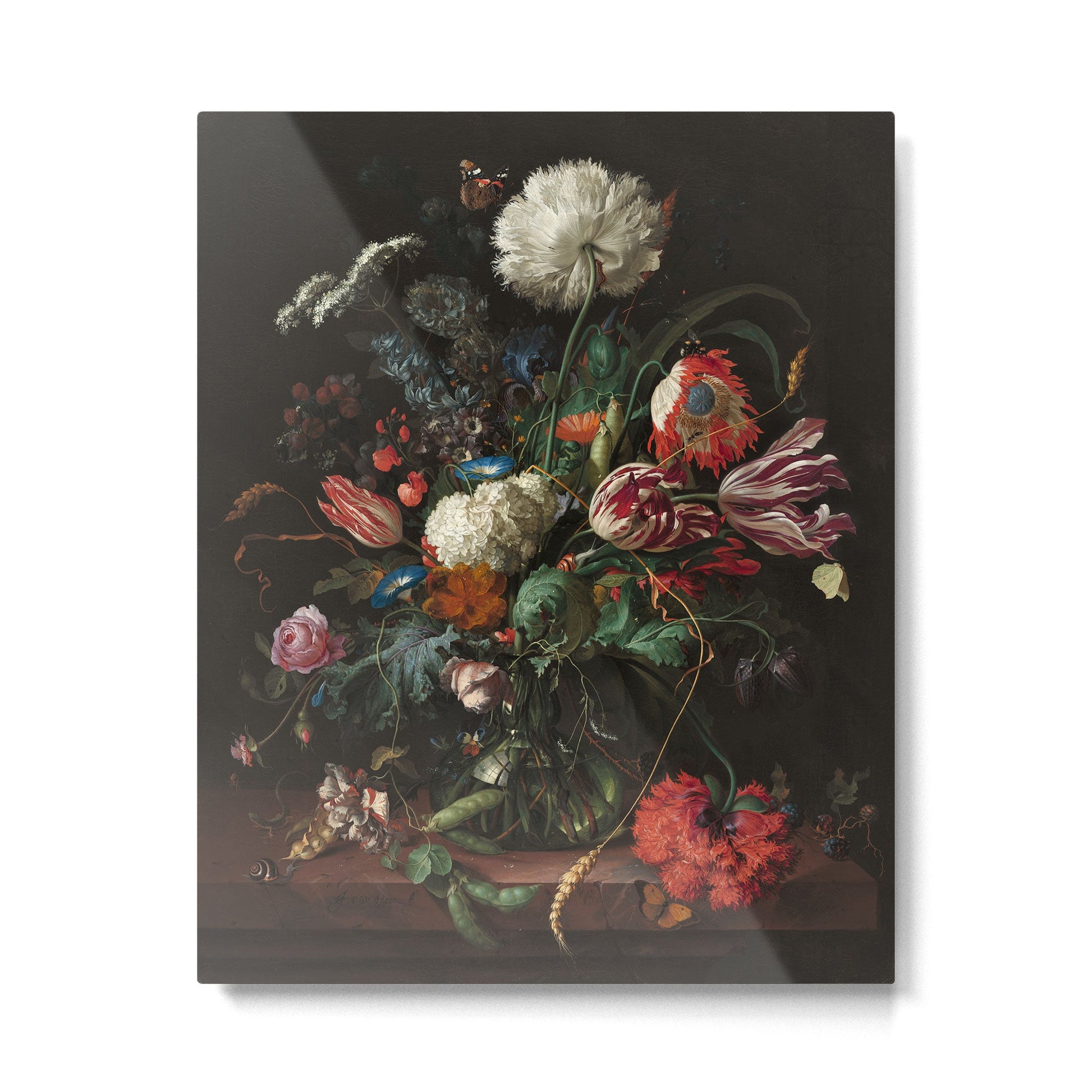 Still Life Parrot Tulips, Peonies, Hibiscus, Hydranga, Periwinkle Flowers in Vase by Jan de Heem Metal Print