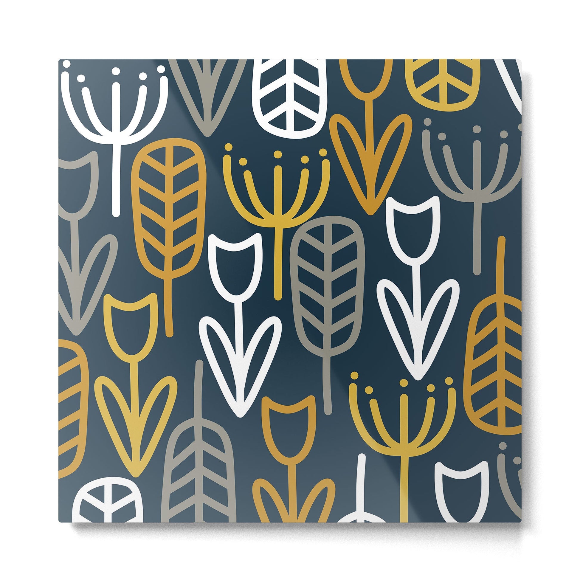 Cheerful Garden Minimalist Pattern in Light Mustard, Dark Mustard, White, Gray, and Navy Blue Metal Print