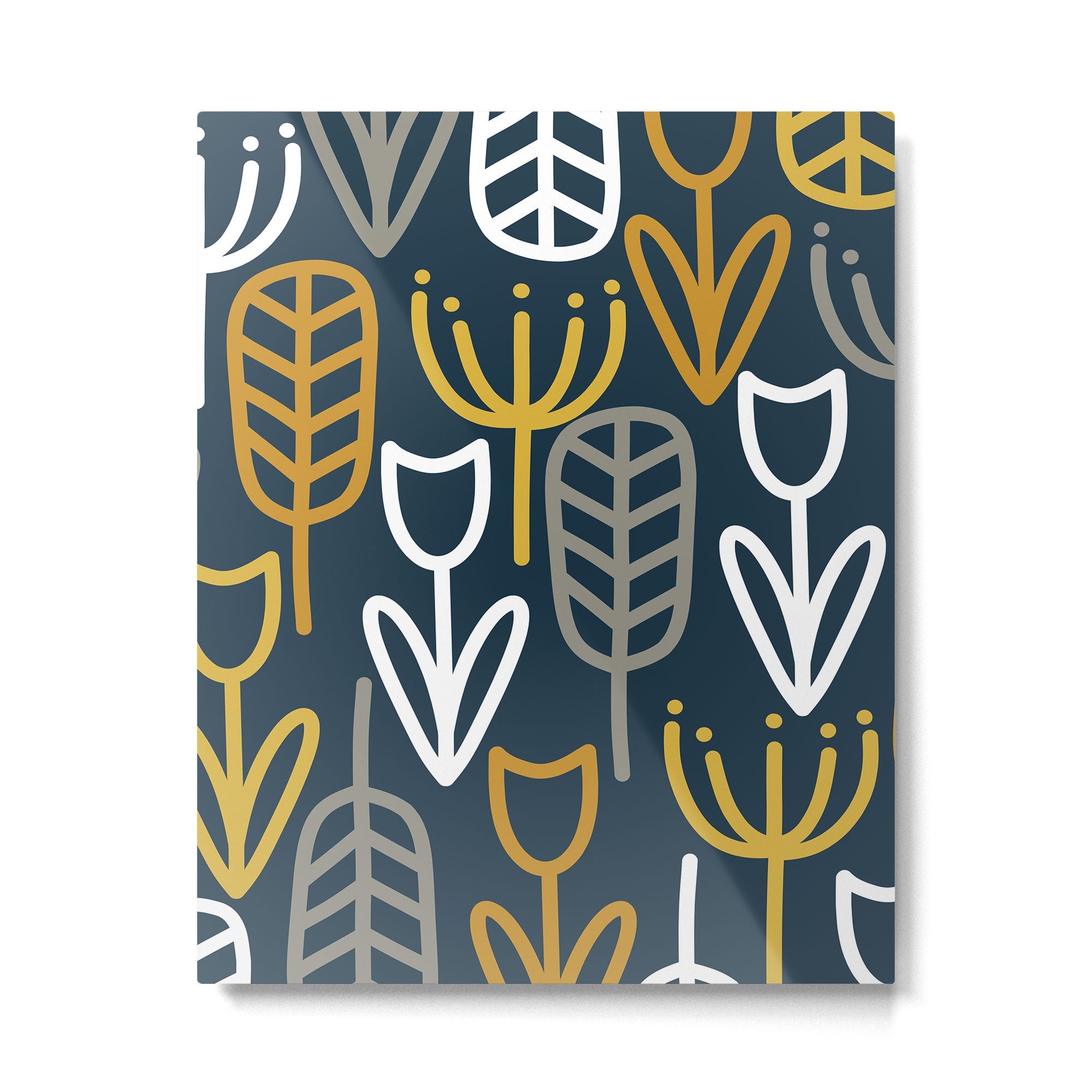 Cheerful Garden Minimalist Pattern in Light Mustard, Dark Mustard, White, Gray, and Navy Blue Metal Print